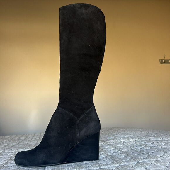 Cole Haan Cora Black Suede Wedge Heel Tall Boots Side Zip D38352 Women’s 8.5 M - Picture 1 of 16